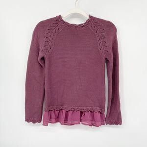 Garnet Hill Kids Knit Peplum Sweater Girls L Purple Chiffon Trim Pullover Cotton